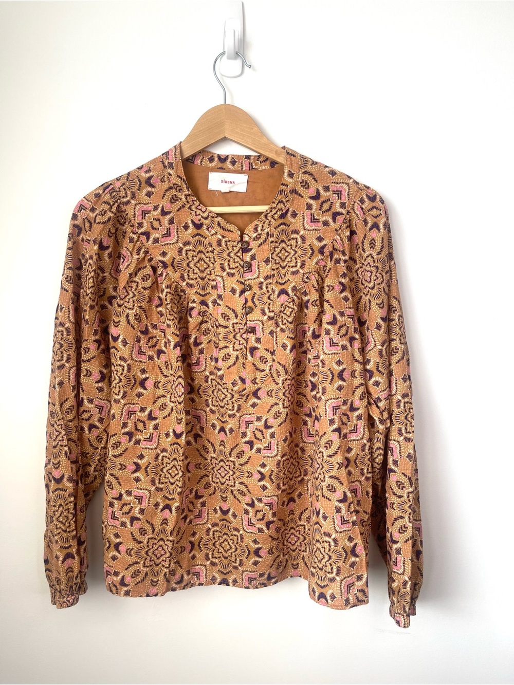 XiRENA Mustard Blouse with Pink and Purple Floral Trim size large